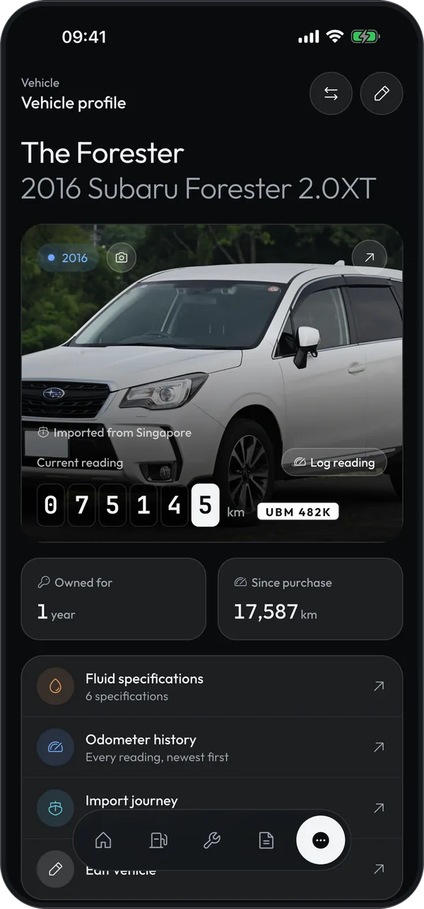 Vehicle profile for a 2016 Subaru Forester imported from Singapore, showing the odometer, time owned, distance since purchase, fluid specifications, odometer history and the import journey.